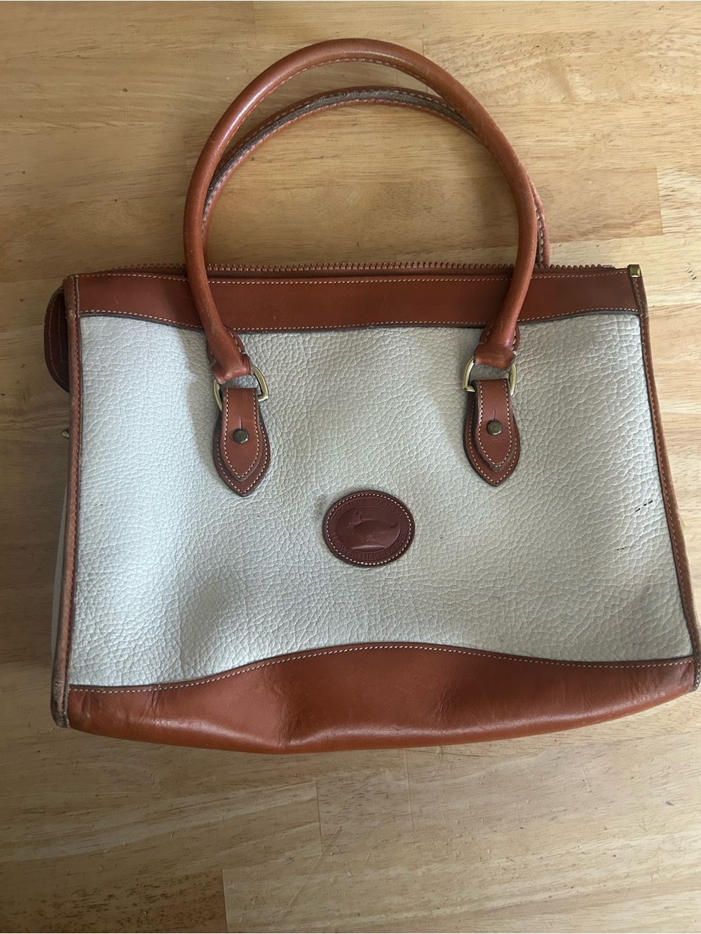 Dooney & Bourke Cream and Brown Pebbled Leather Satchel